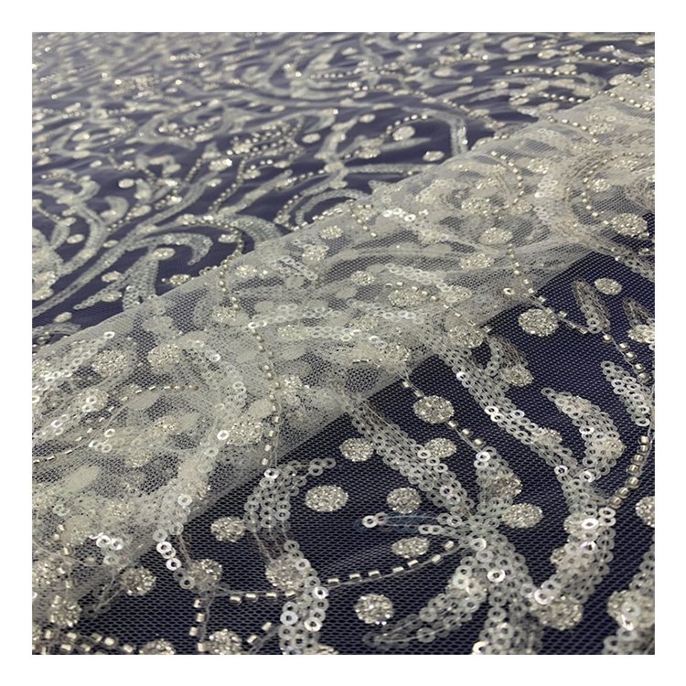 2022 latest designer beaded sequin embroidered flower motifs style 100% polyester embroidery mesh lace fabric