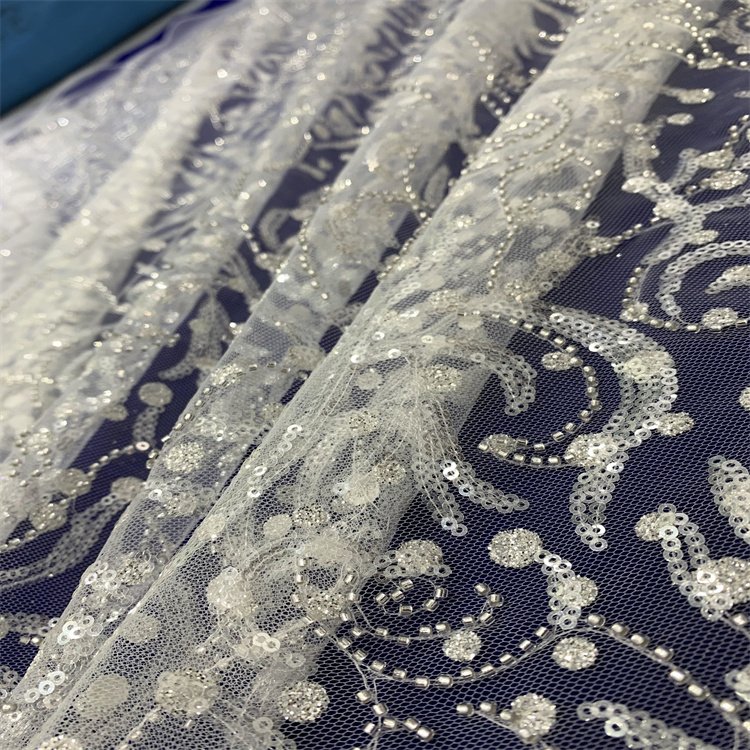 2022 latest designer beaded sequin embroidered flower motifs style 100% polyester embroidery mesh lace fabric