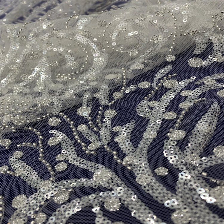 2022 latest designer beaded sequin embroidered flower motifs style 100% polyester embroidery mesh lace fabric