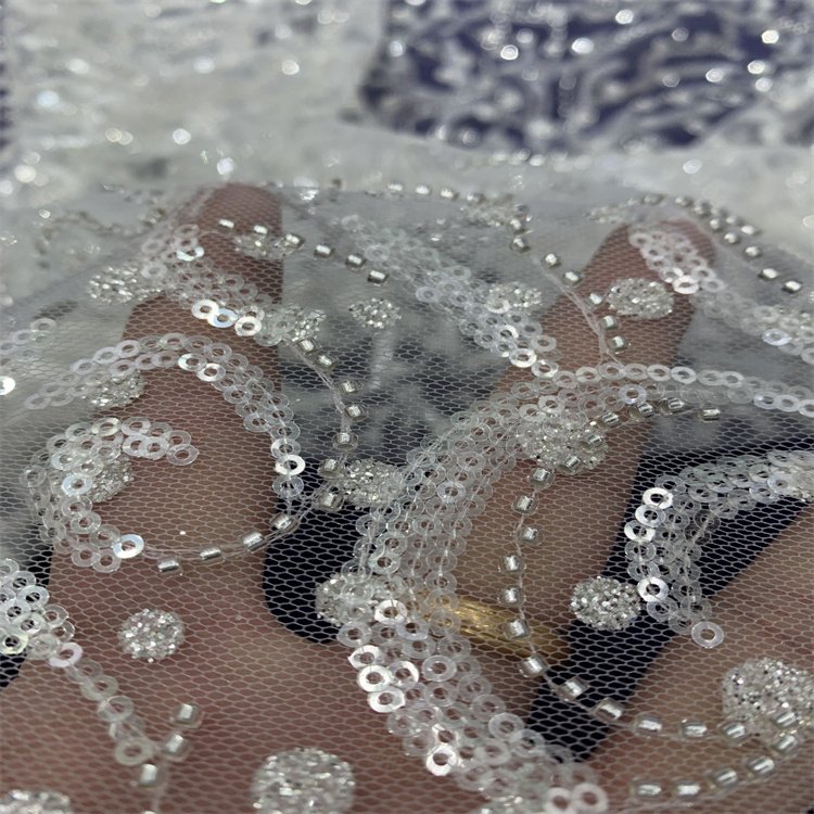 2022 latest designer beaded sequin embroidered flower motifs style 100% polyester embroidery mesh lace fabric