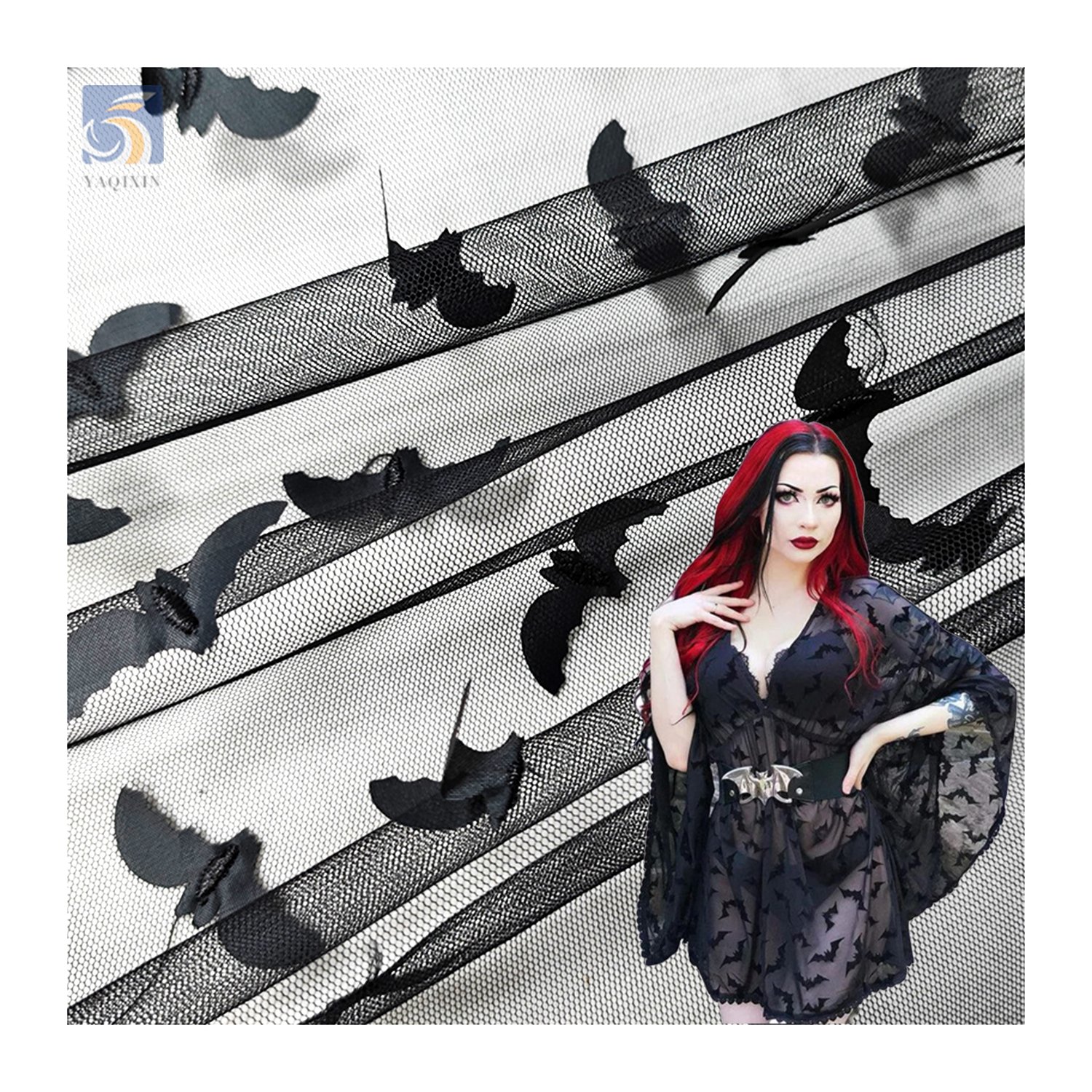 NO MOQ Rts Halloween Design Bat Fabric Black Color Polyester Tulle Lace Embroidery 3D Bat Mesh Fabric