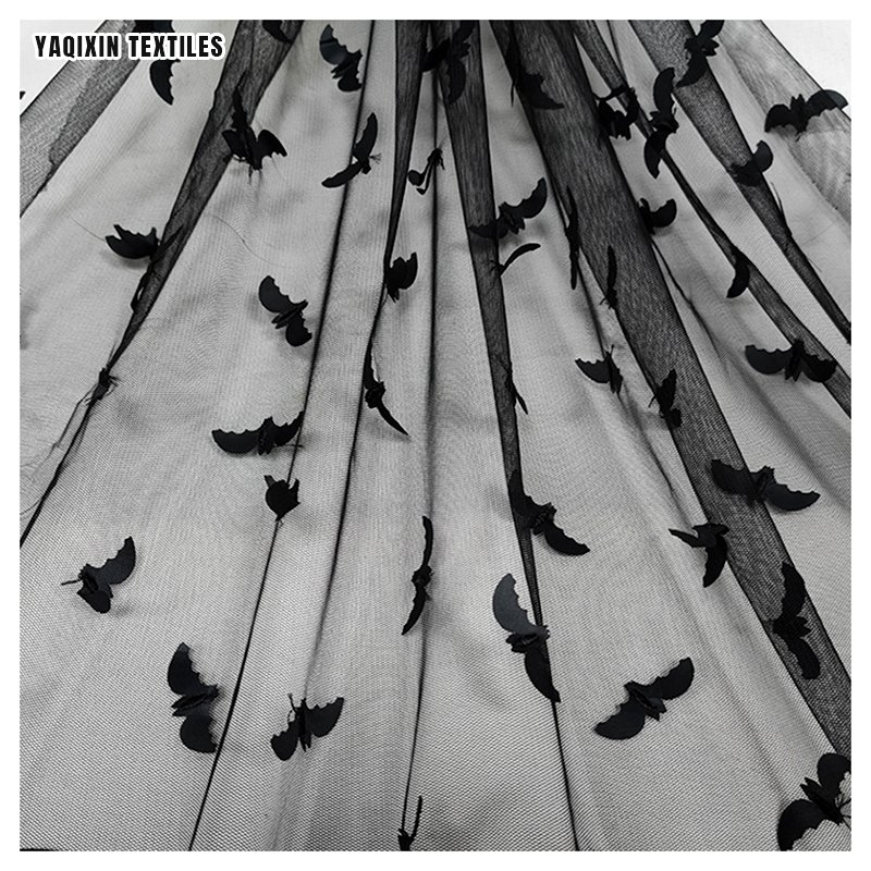 NO MOQ Rts Halloween Design Bat Fabric Black Color Polyester Tulle Lace Embroidery 3D Bat Mesh Fabric