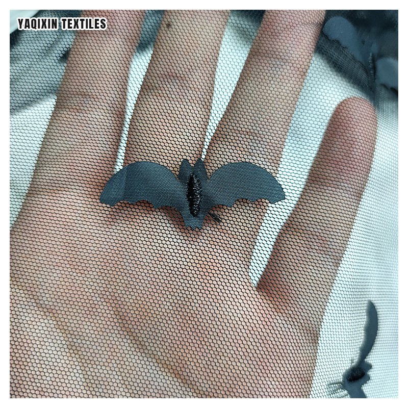NO MOQ Rts Halloween Design Bat Fabric Black Color Polyester Tulle Lace Embroidery 3D Bat Mesh Fabric