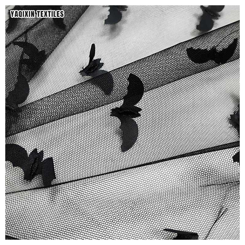 NO MOQ Rts Halloween Design Bat Fabric Black Color Polyester Tulle Lace Embroidery 3D Bat Mesh Fabric