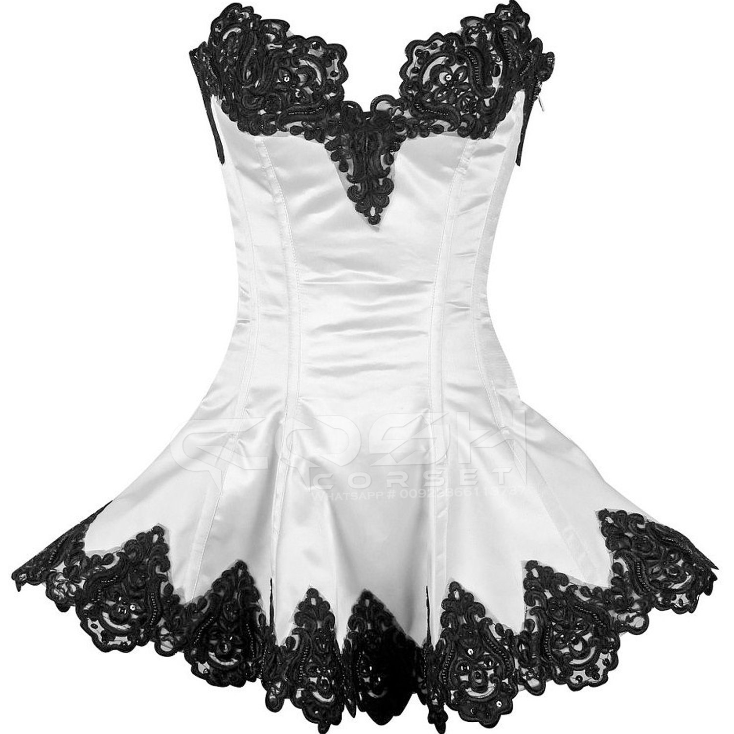 Overbust Steelboned High Quality White Satin Corset With Black Fancy Lace New Design Sexy Women Strapless Corset
