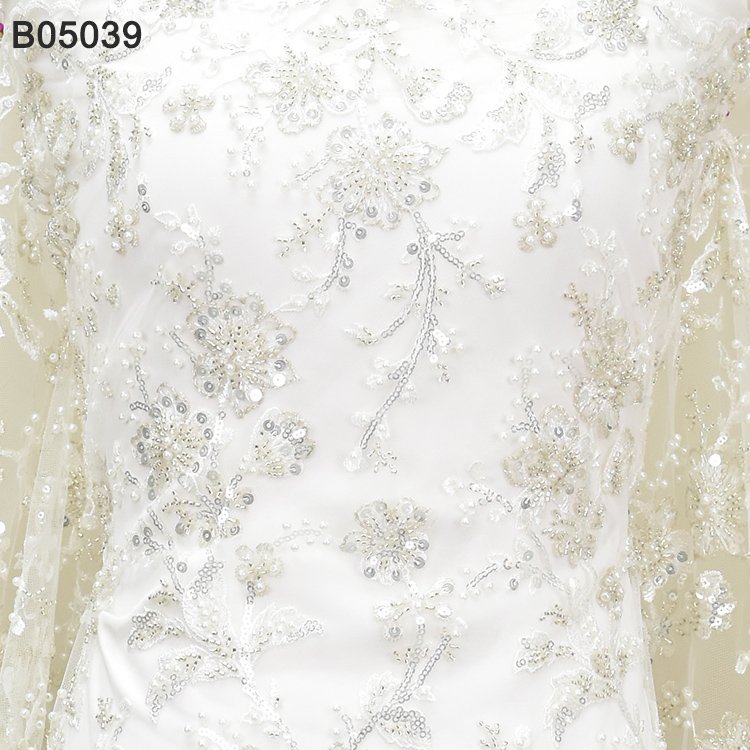 Crystal Sequins Bridal Luxury Embroidery Beads Wedding Tulle White Beaded Lace Fabric