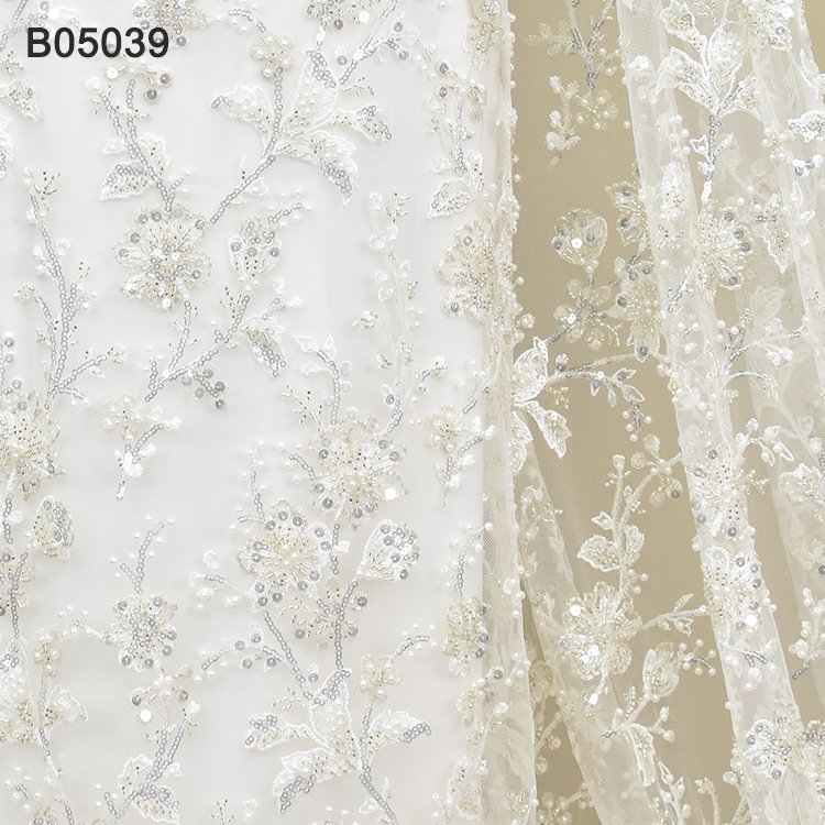 Crystal Sequins Bridal Luxury Embroidery Beads Wedding Tulle White Beaded Lace Fabric