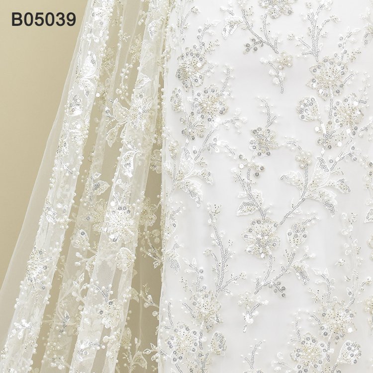 Crystal Sequins Bridal Luxury Embroidery Beads Wedding Tulle White Beaded Lace Fabric