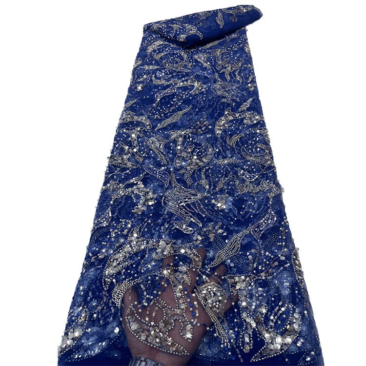 Luxury Bridal Laces Blue Beaded Lace Fabric Sequins Beads Embroidery Fabric