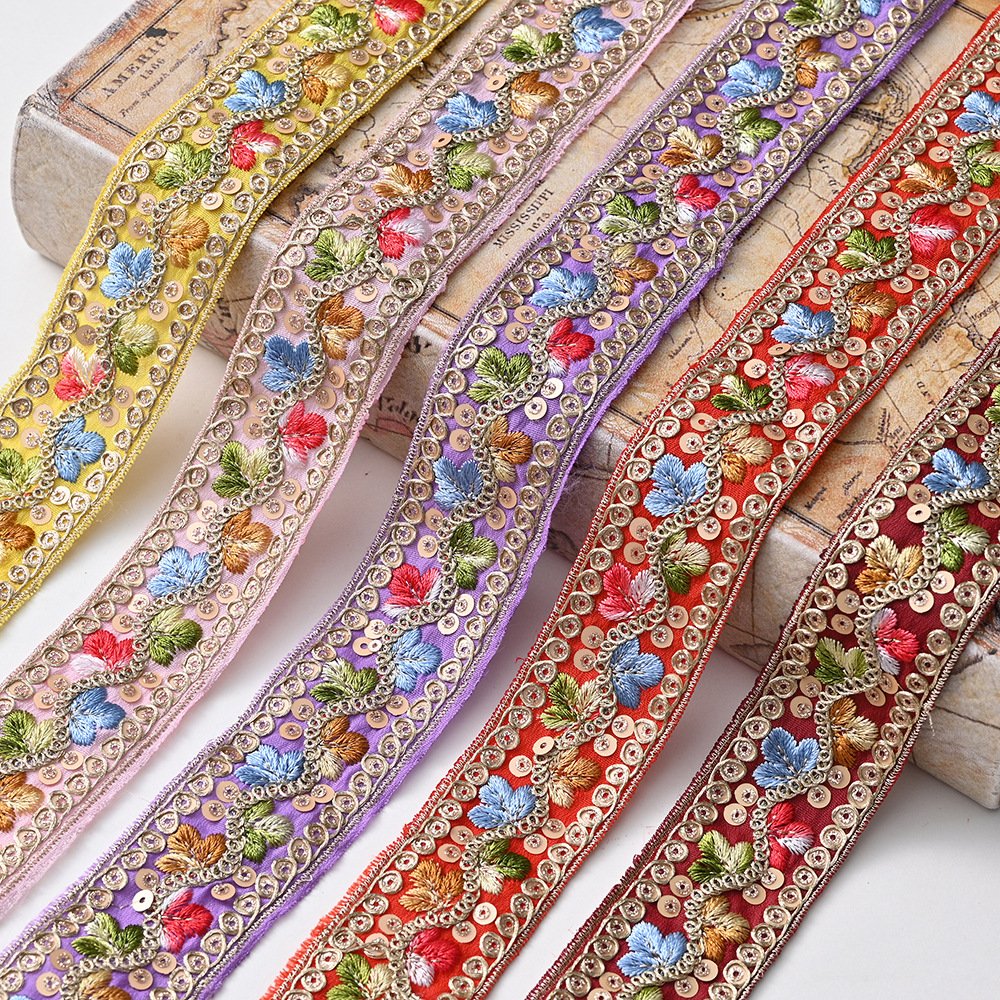 Width 3.8 cm Ethnic Style lace ribbon Rhombus colorful Sequins Golden Corded embroidery lace trim for clothing accessories