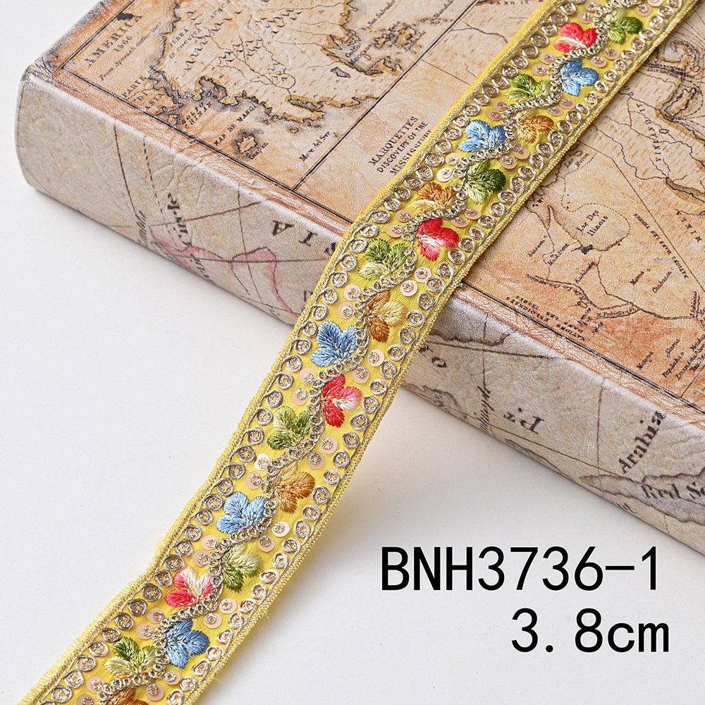 Width 3.8 cm Ethnic Style lace ribbon Rhombus colorful Sequins Golden Corded embroidery lace trim for clothing accessories