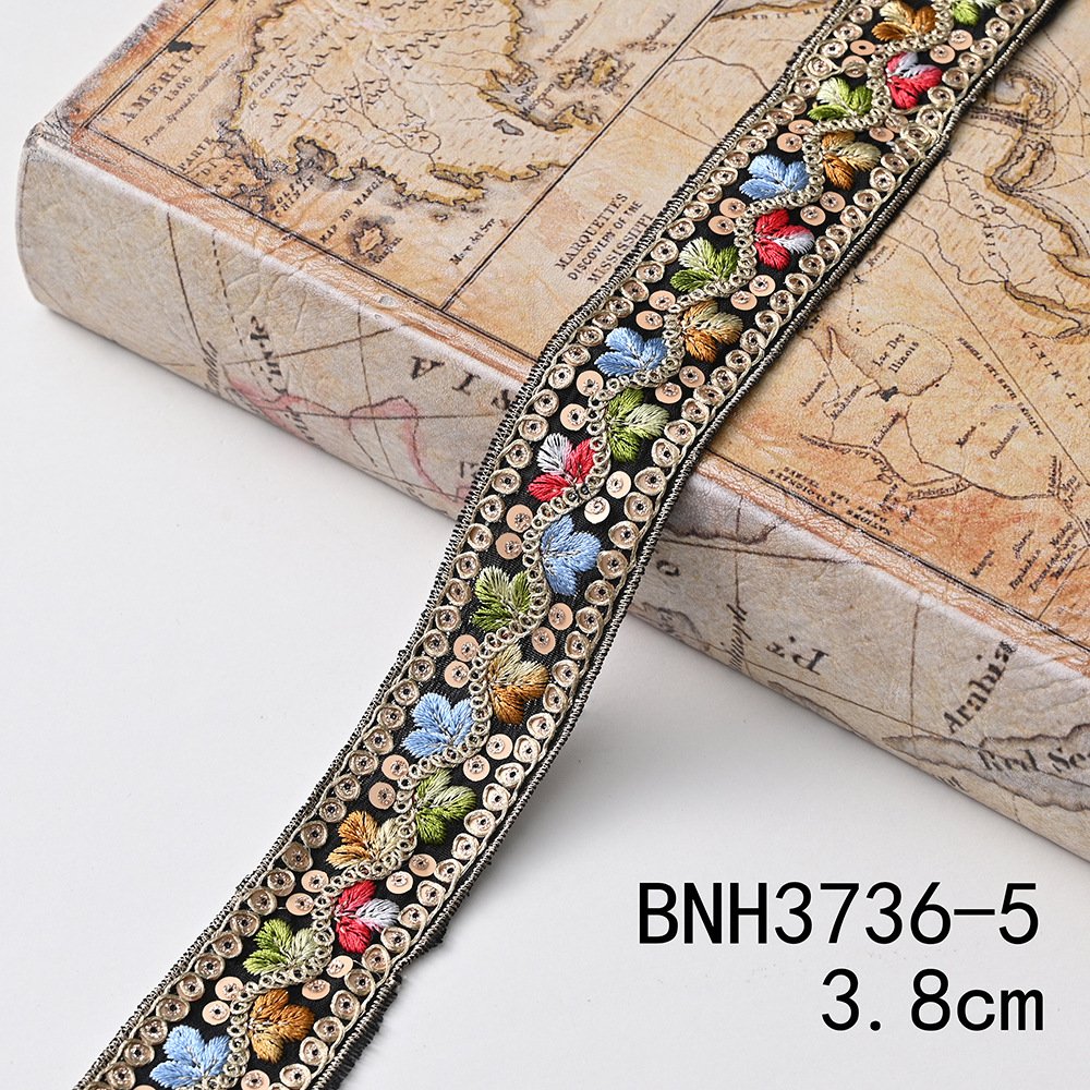 Width 3.8 cm Ethnic Style lace ribbon Rhombus colorful Sequins Golden Corded embroidery lace trim for clothing accessories