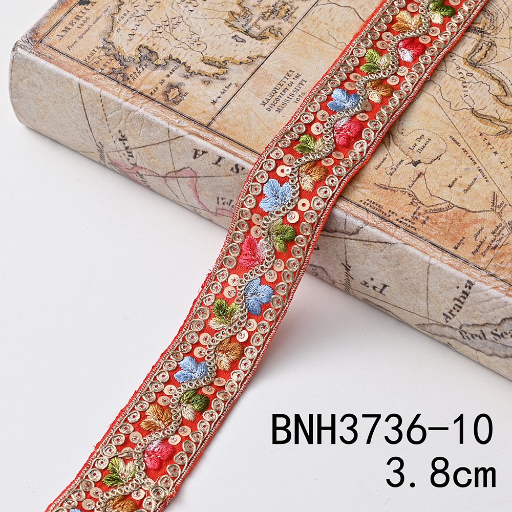Width 3.8 cm Ethnic Style lace ribbon Rhombus colorful Sequins Golden Corded embroidery lace trim for clothing accessories