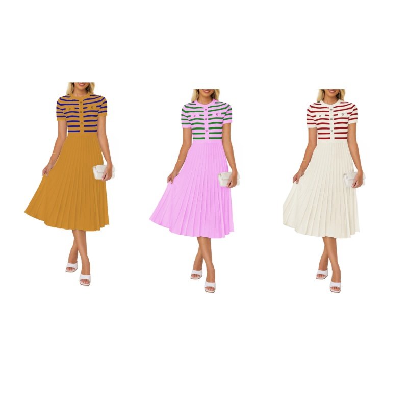 Custom OEM ODM New Summer Women Ribbed stripe sweater Dress crew neck Loose Pleated Women's causal Dress