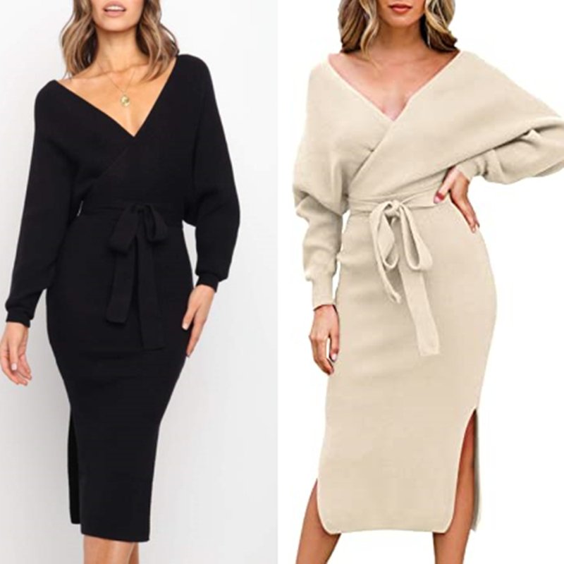 Wholesale 2023 Knitted Dresses Women Winter Autumn Ribbed Sweater Lace Up Open Back Pack Hip Elegant Ladies's Mid Length Dress Custom Logo Clothing OEM