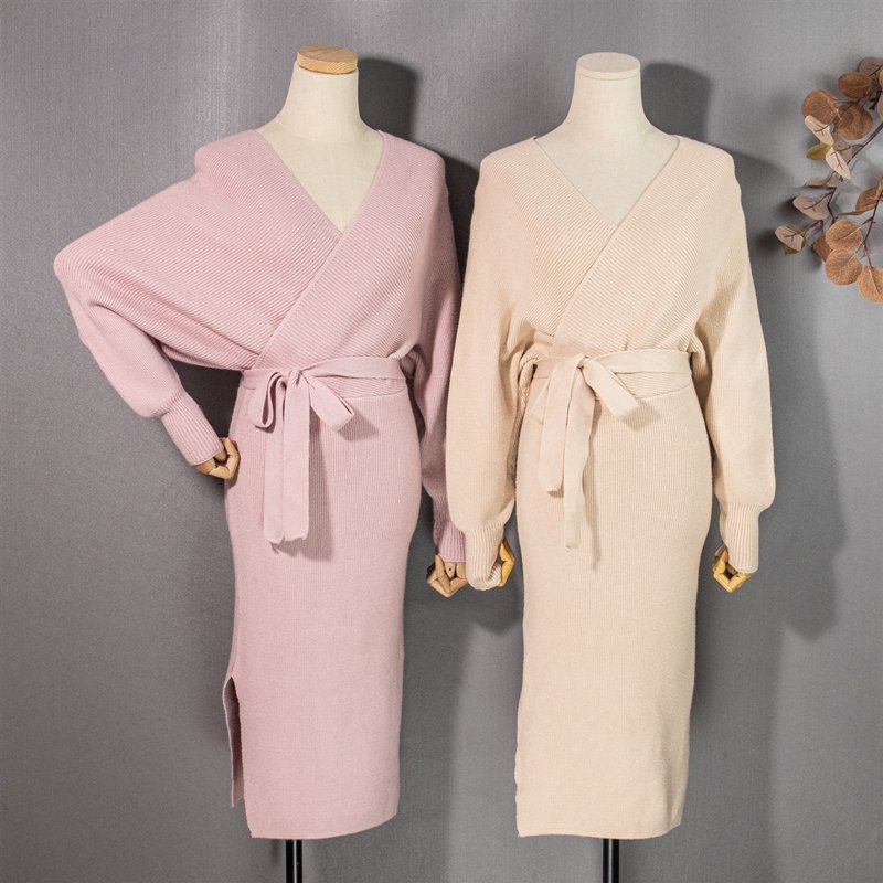 Wholesale 2023 Knitted Dresses Women Winter Autumn Ribbed Sweater Lace Up Open Back Pack Hip Elegant Ladies's Mid Length Dress Custom Logo Clothing OEM