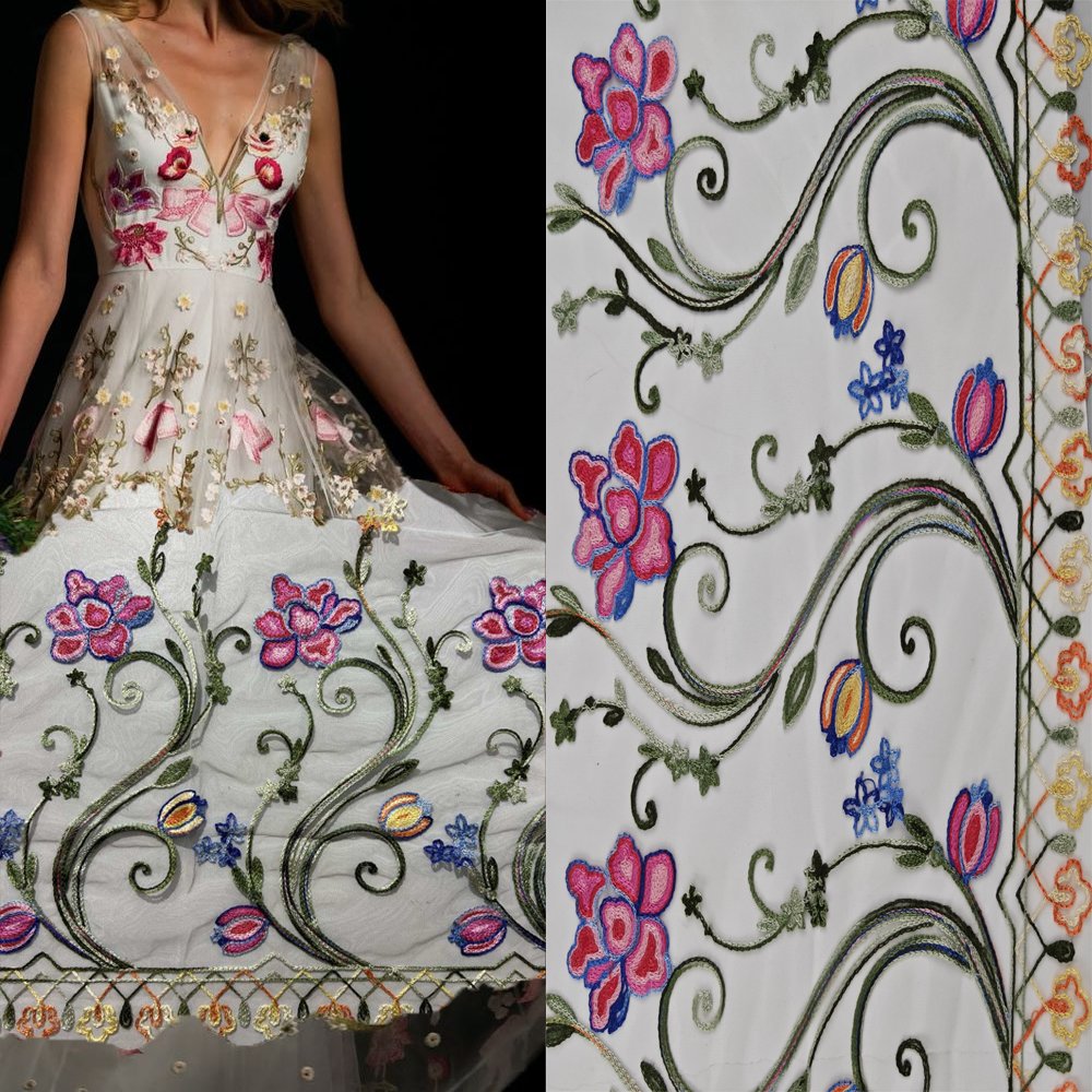 Glamorous Color 3D Flowers Design African Embroidery Fabric Polyester Nylon Tulle Lace Fabric for Women