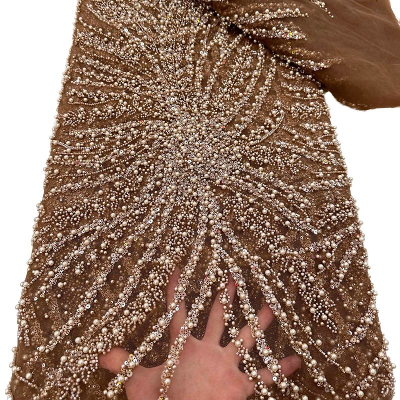 Hot Selling Luxury Beaded White and Gold Lace Fabric with Sequins Eco-Friendly Lace for African Wedding Evening Dress