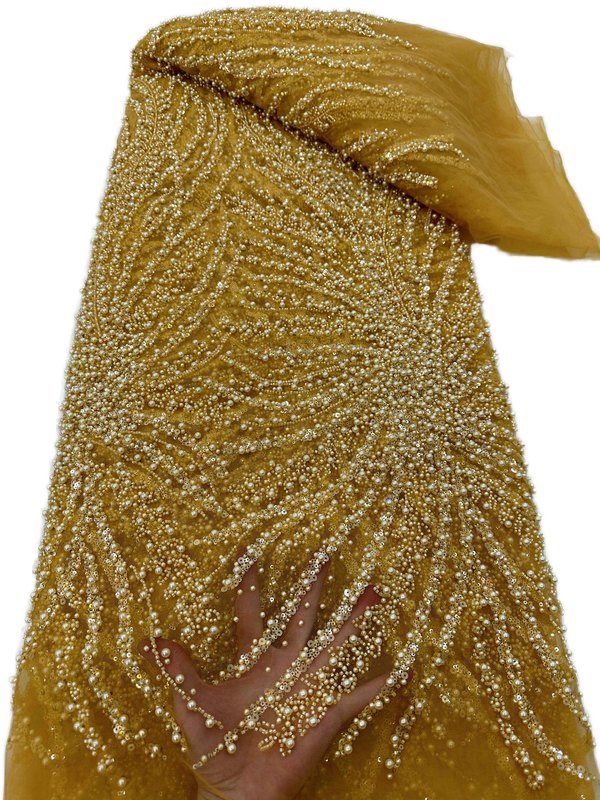 Hot Selling Luxury Beaded White and Gold Lace Fabric with Sequins Eco-Friendly Lace for African Wedding Evening Dress