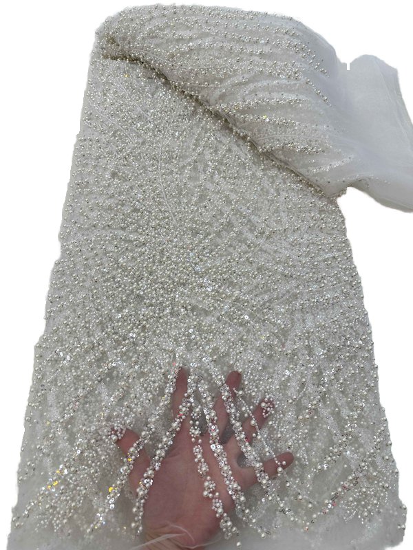 Hot Selling Luxury Beaded White and Gold Lace Fabric with Sequins Eco-Friendly Lace for African Wedding Evening Dress