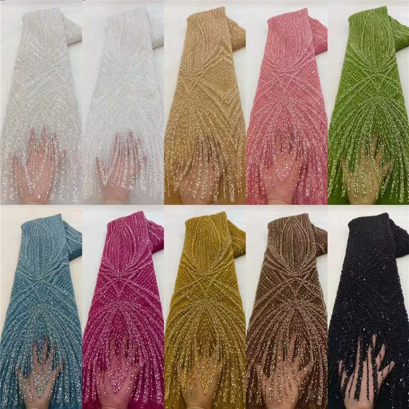Hot Selling Luxury Beaded White and Gold Lace Fabric with Sequins Eco-Friendly Lace for African Wedding Evening Dress