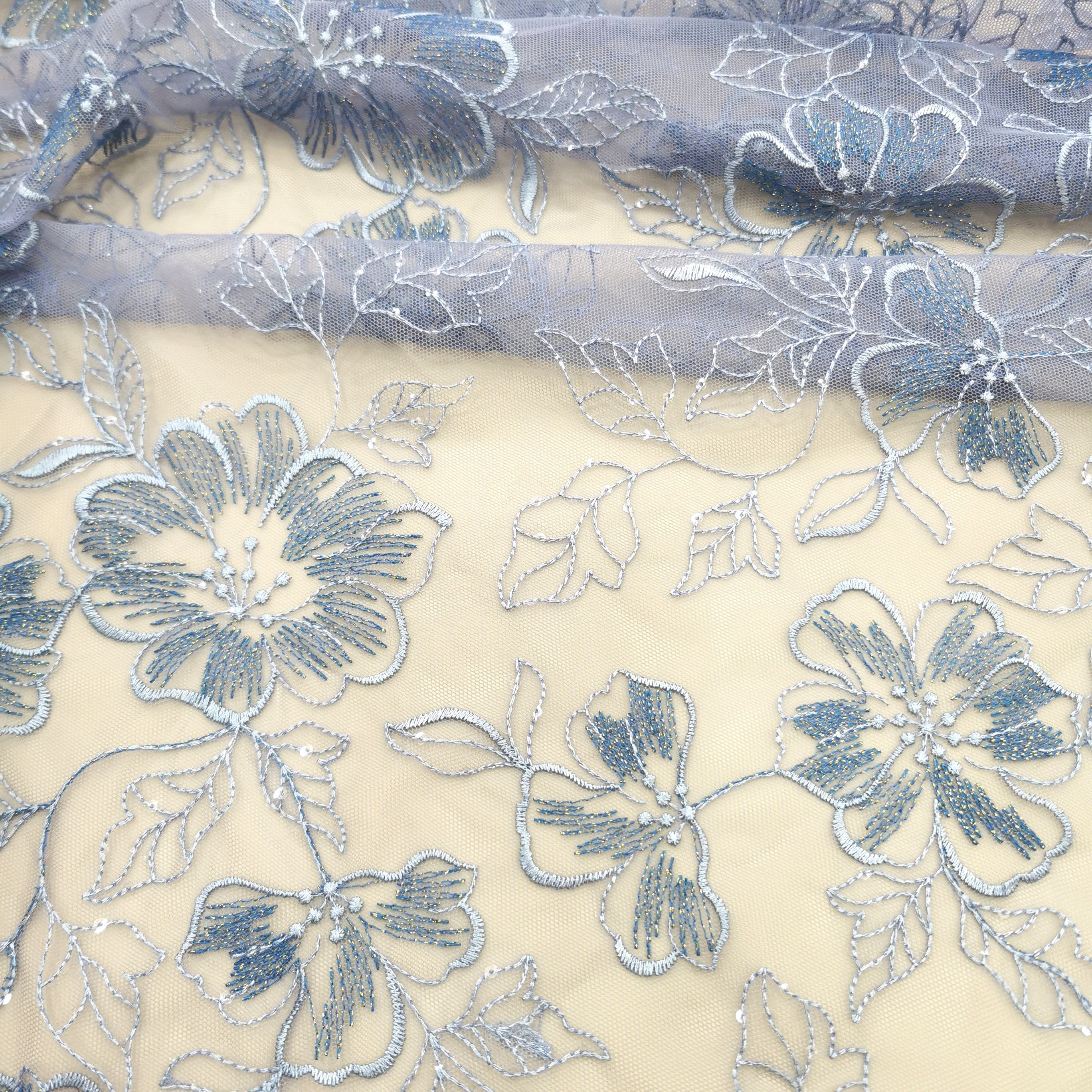Width 130 cm Polyester Embroidered Tulle mesh fabric Sequins beads rose flower fabric for women fashion wedding bridal dress