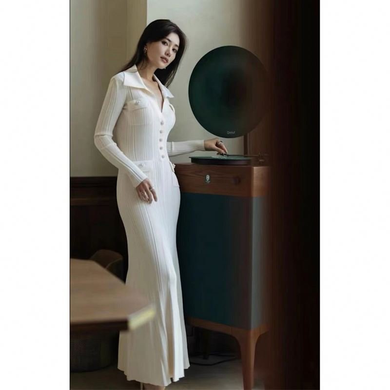 Knitted Dress Ivory White New French Elegant Threaded V-neck Long Sleeve Bettergirl 24 Early Spring Summer Dress Natural Floral