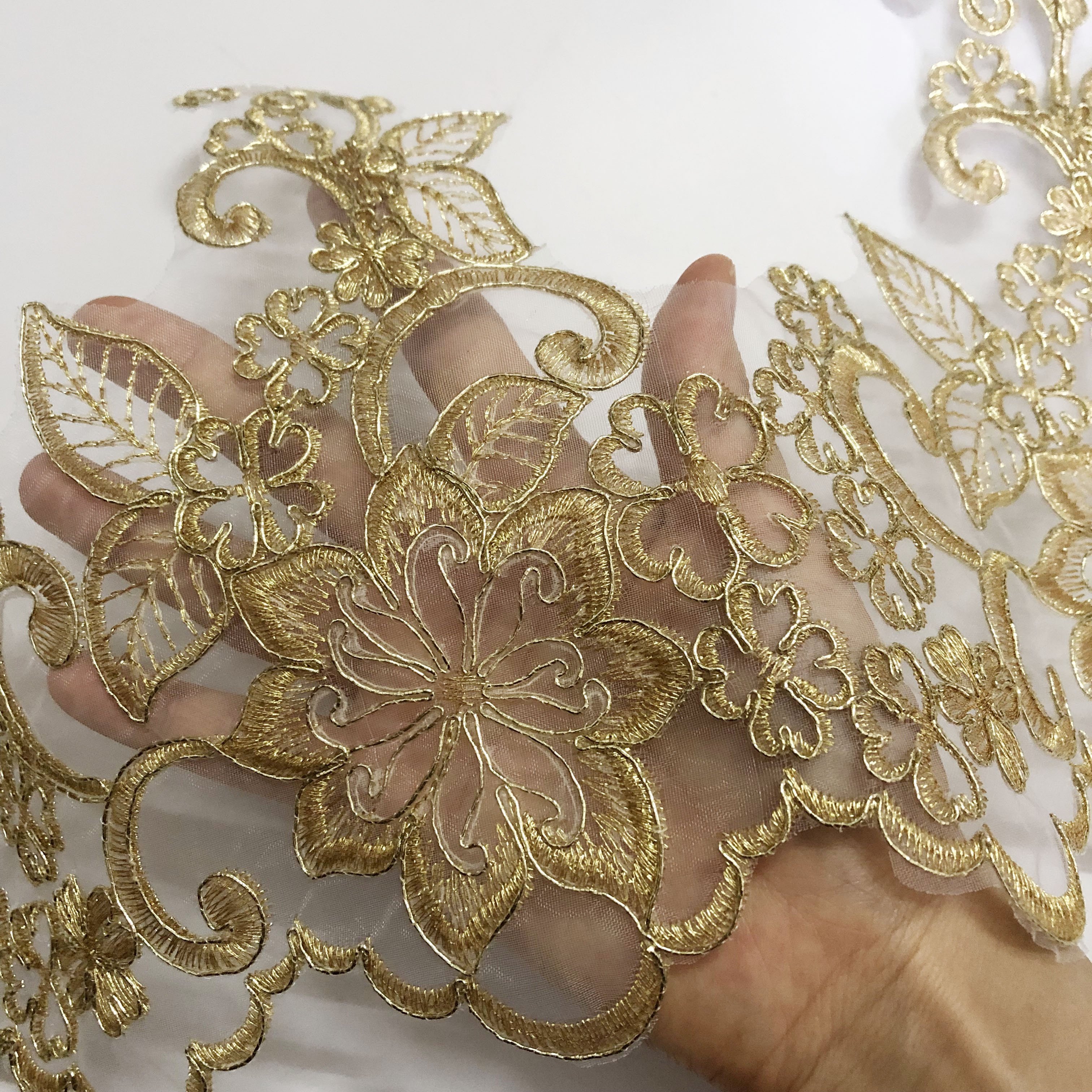 Latest embroidered floral gold cord mesh lace border trimming LT2621B