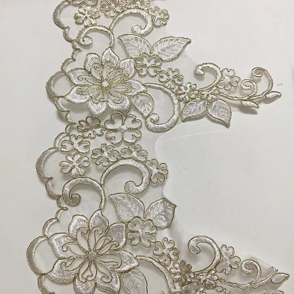 Latest embroidered floral gold cord mesh lace border trimming LT2621B