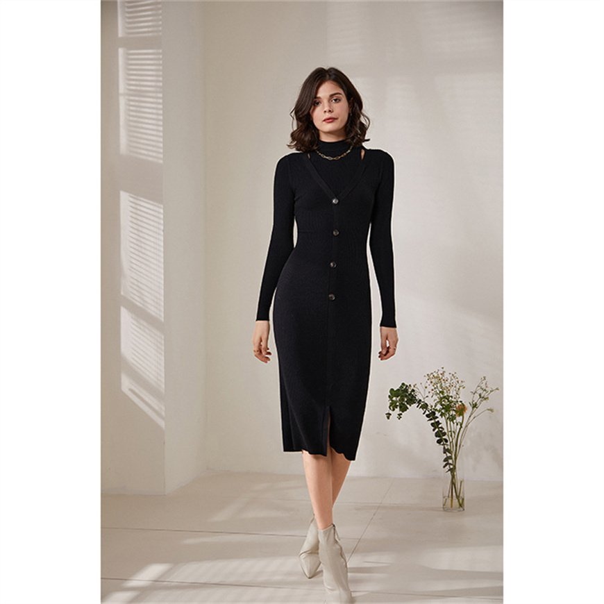 All Size Fall Elegant Cashmere Neck Long Sleeve Clothing High Quality Ladies Wool Knitted Dresses Women Winter Autumn