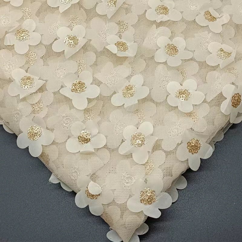 Popular tulle FLOWER 100 polyester 3D laser embroidery fabric solid color lace mesh wedding dress children fabric for girl