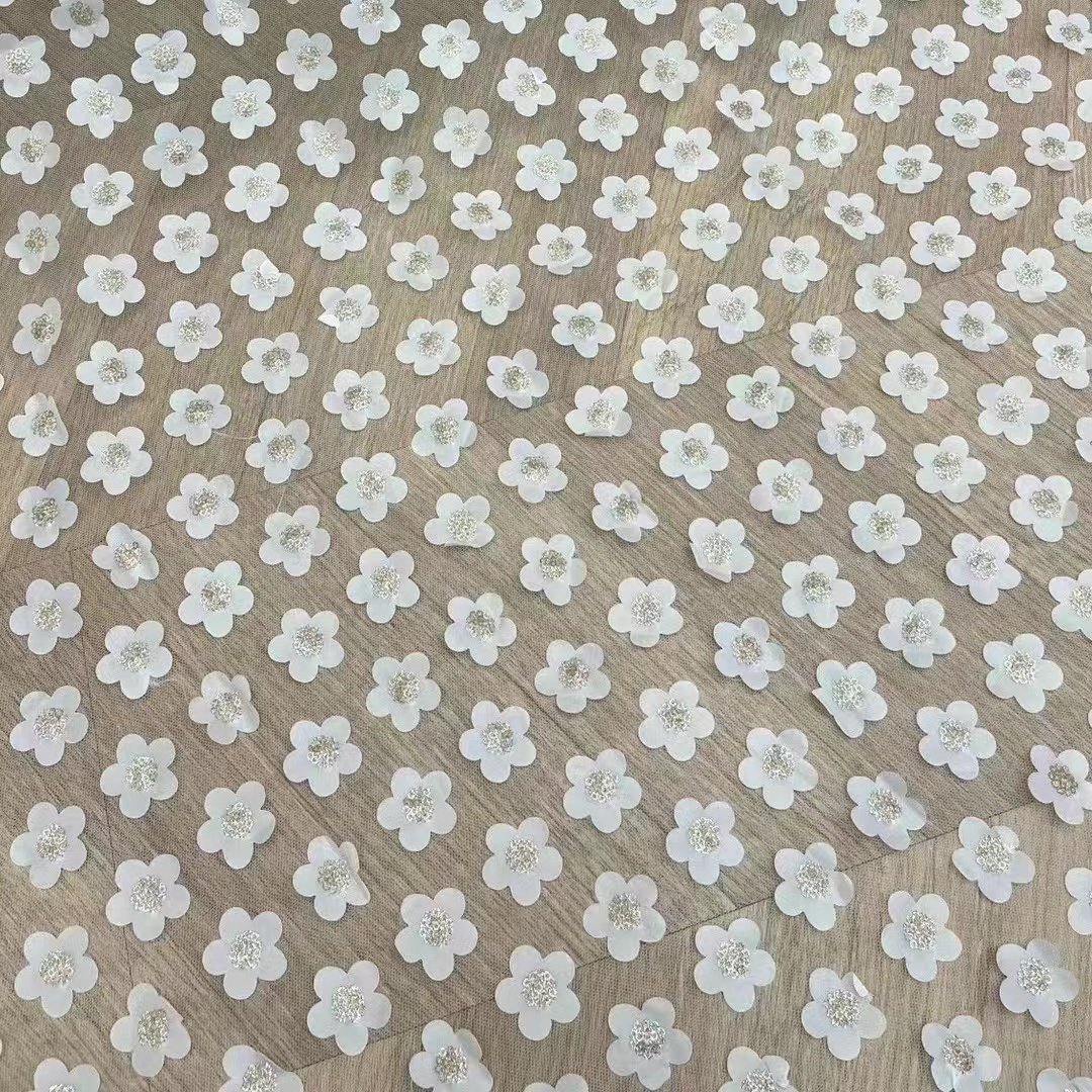 Popular tulle FLOWER 100 polyester 3D laser embroidery fabric solid color lace mesh wedding dress children fabric for girl