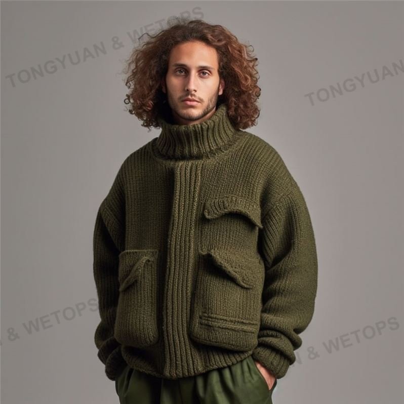 Custom Vintage Knit Ribbed Turtle Neck Oversized Cardigan Sweater Men with Pockets