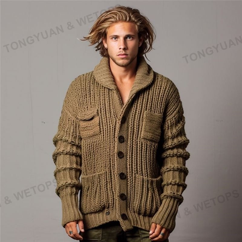 Custom Vintage Knit Ribbed Turtle Neck Oversized Cardigan Sweater Men with Pockets