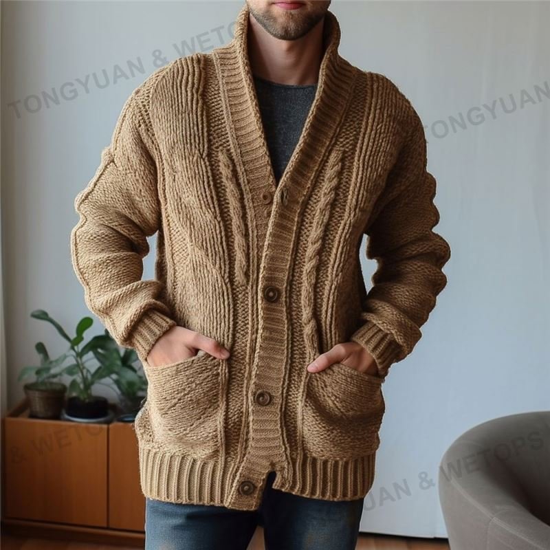 Custom Vintage Knit Ribbed Turtle Neck Oversized Cardigan Sweater Men with Pockets
