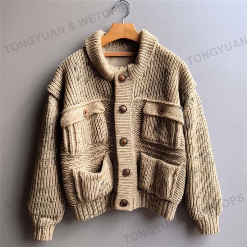 Custom Vintage Knit Ribbed Turtle Neck Oversized Cardigan Sweater Men with Pockets