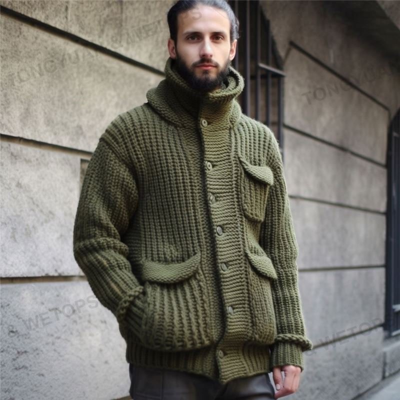 Custom Vintage Knit Ribbed Turtle Neck Oversized Cardigan Sweater Men with Pockets