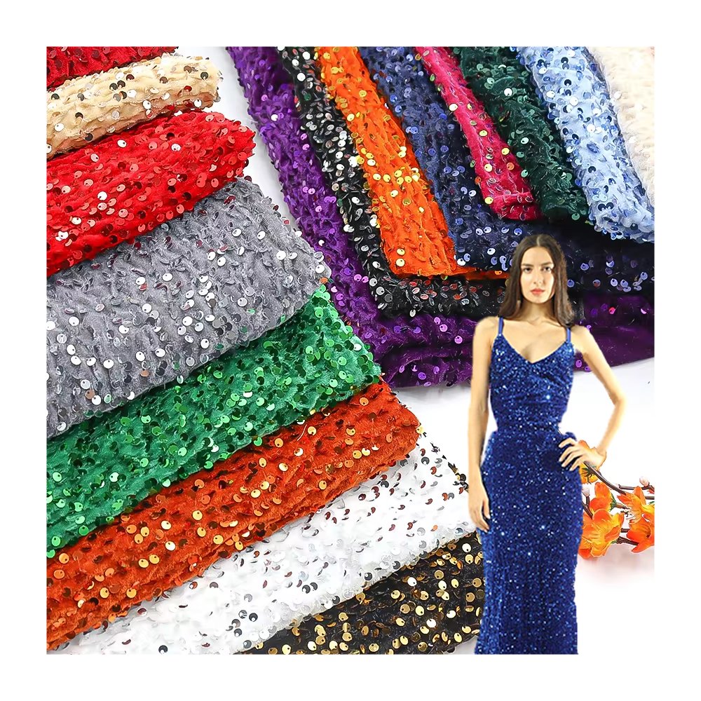 2024 Popular Luxury Glitter Sequin Velvet Fabric 100% Polyester Sequin Embroidery Fabric For Evening Dress