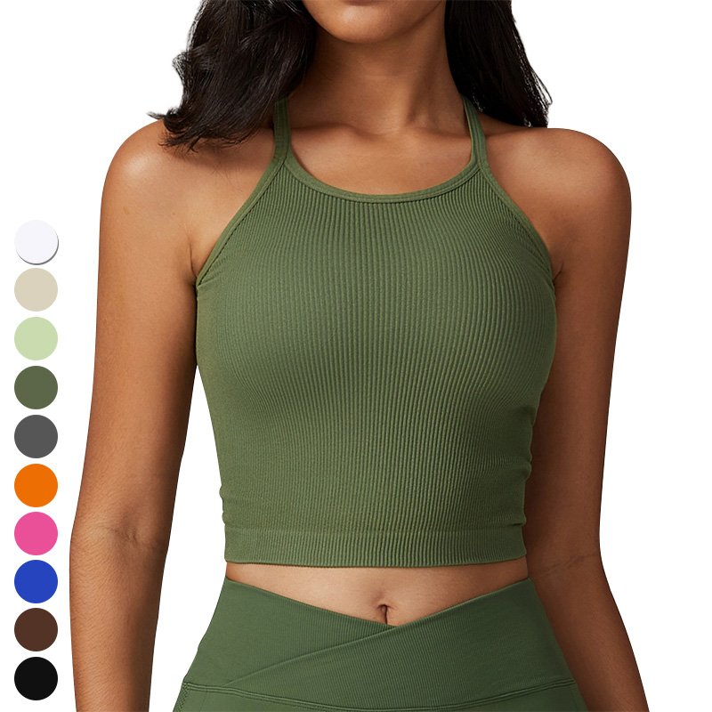 High-intensity Ribbed Knitted High Neck Sports Vest Sleeveless Shockproof Gym Fitness Crop Tops Seamless Yoga Tank Top For Women