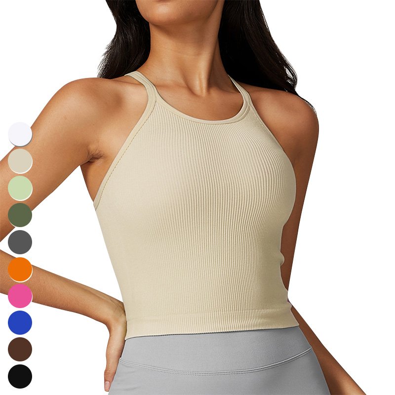 High-intensity Ribbed Knitted High Neck Sports Vest Sleeveless Shockproof Gym Fitness Crop Tops Seamless Yoga Tank Top For Women