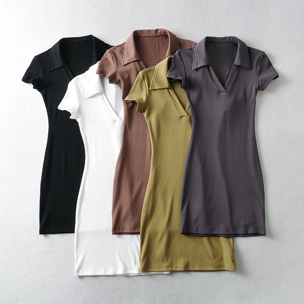 dress Wholesale ribbed Skinny Lapel Short Sleeve Rib Knit Feminine Slim Fit V-Neck Package Hip Short sexy dresses women