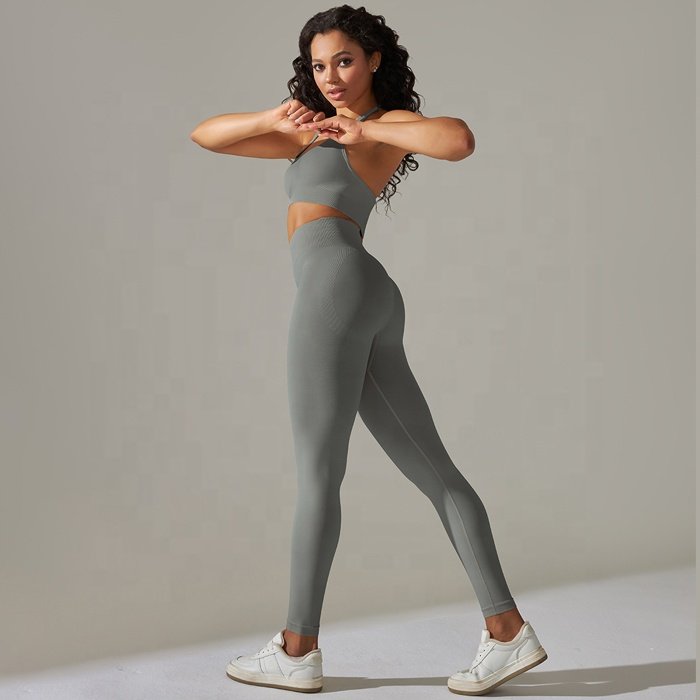 Women 4 Piece Yoga Cross Back Crop Top Activewear Seamless Fitness Gym tank tops halter bra Leggings Shorts Clothing Set