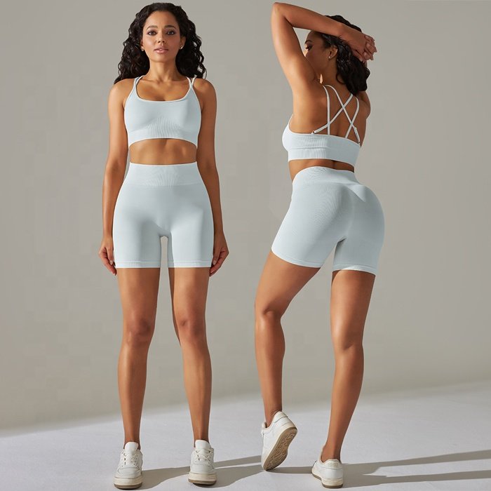 Women 4 Piece Yoga Cross Back Crop Top Activewear Seamless Fitness Gym tank tops halter bra Leggings Shorts Clothing Set
