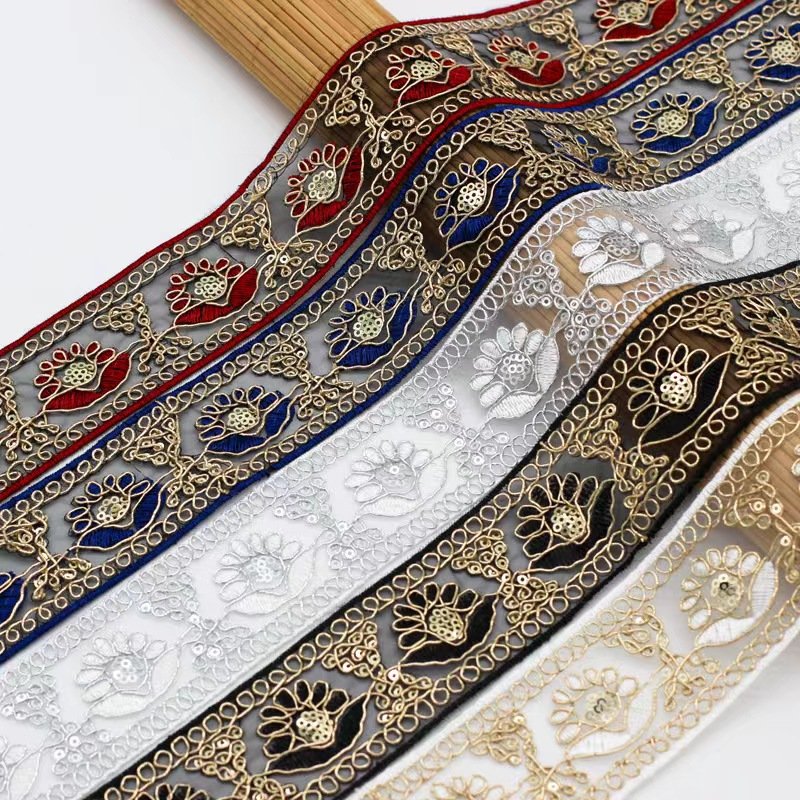 Hot sale 4cm embroidery soft flower lace sequined cheap wholesale floral organza mesh tulle lace fabric