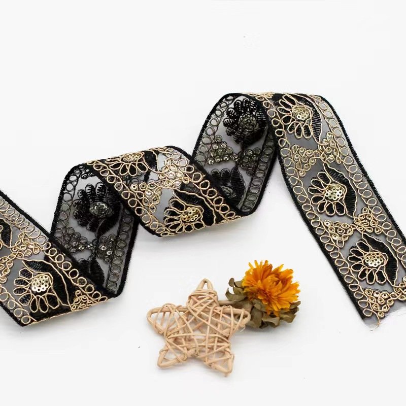 Hot sale 4cm embroidery soft flower lace sequined cheap wholesale floral organza mesh tulle lace fabric