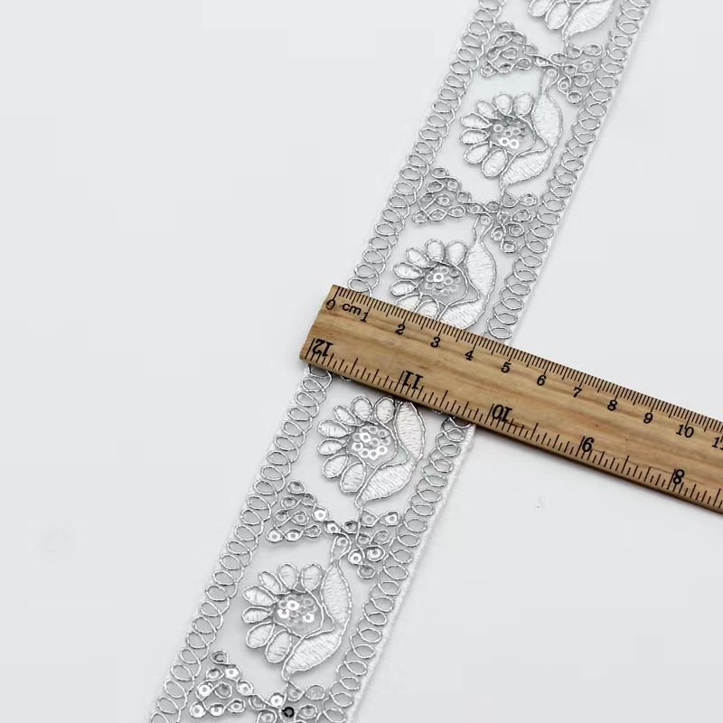 Hot sale 4cm embroidery soft flower lace sequined cheap wholesale floral organza mesh tulle lace fabric