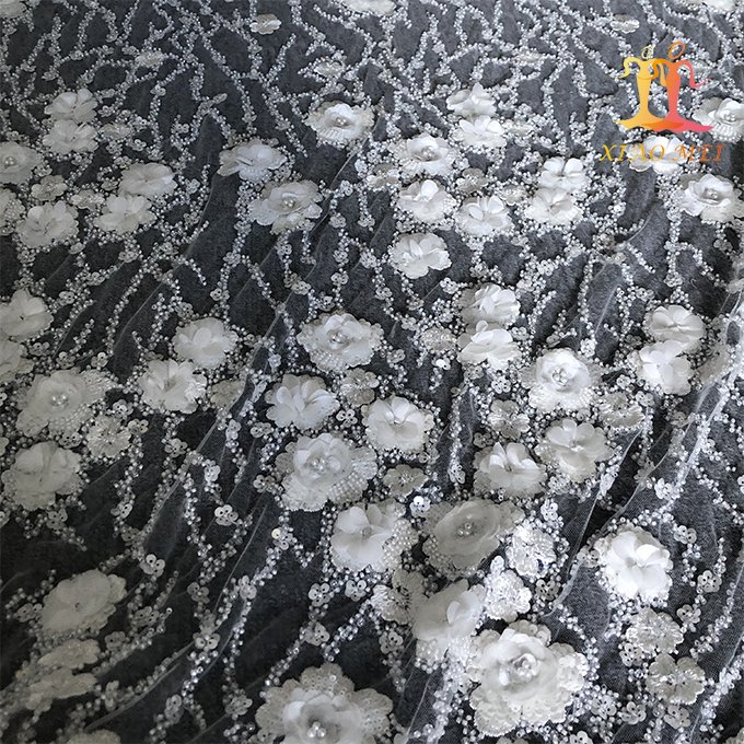 High quality 100% polyester hand made craft 3D fancy embroidery luxury heavy beaded & sequined bridal lace fabric XM-BF0735