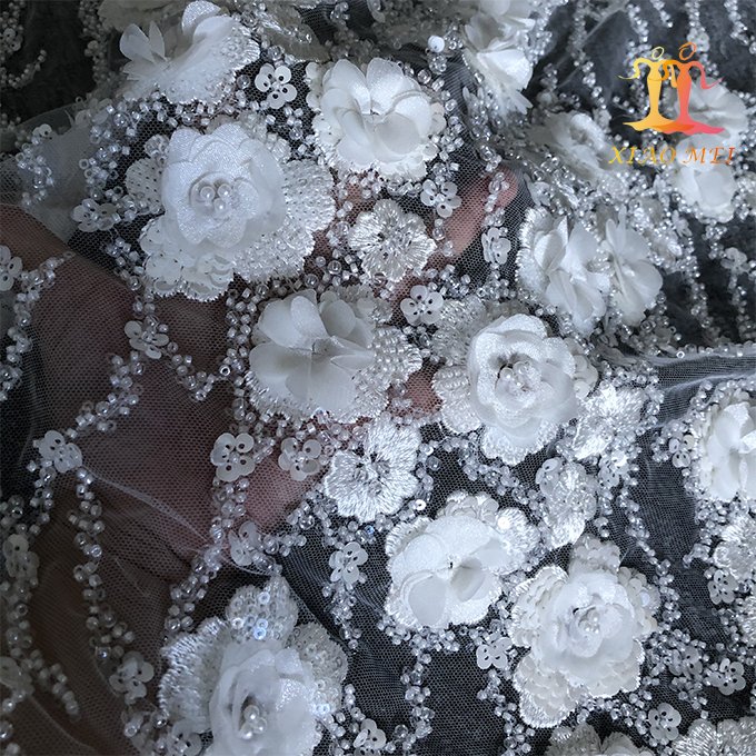 High quality 100% polyester hand made craft 3D fancy embroidery luxury heavy beaded & sequined bridal lace fabric XM-BF0735