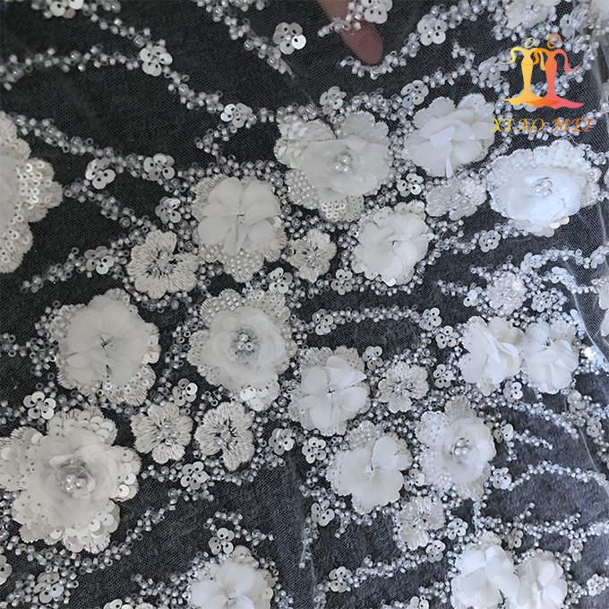 High quality 100% polyester hand made craft 3D fancy embroidery luxury heavy beaded & sequined bridal lace fabric XM-BF0735