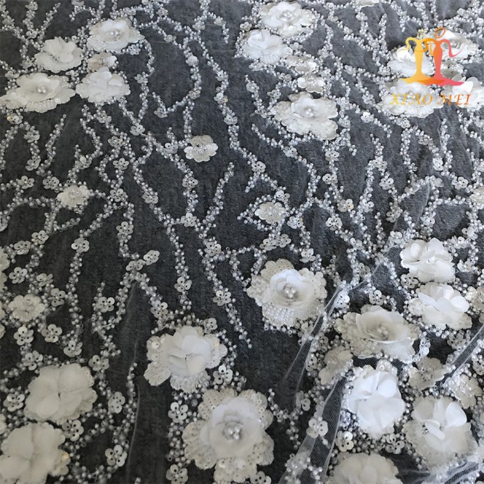 High quality 100% polyester hand made craft 3D fancy embroidery luxury heavy beaded & sequined bridal lace fabric XM-BF0735